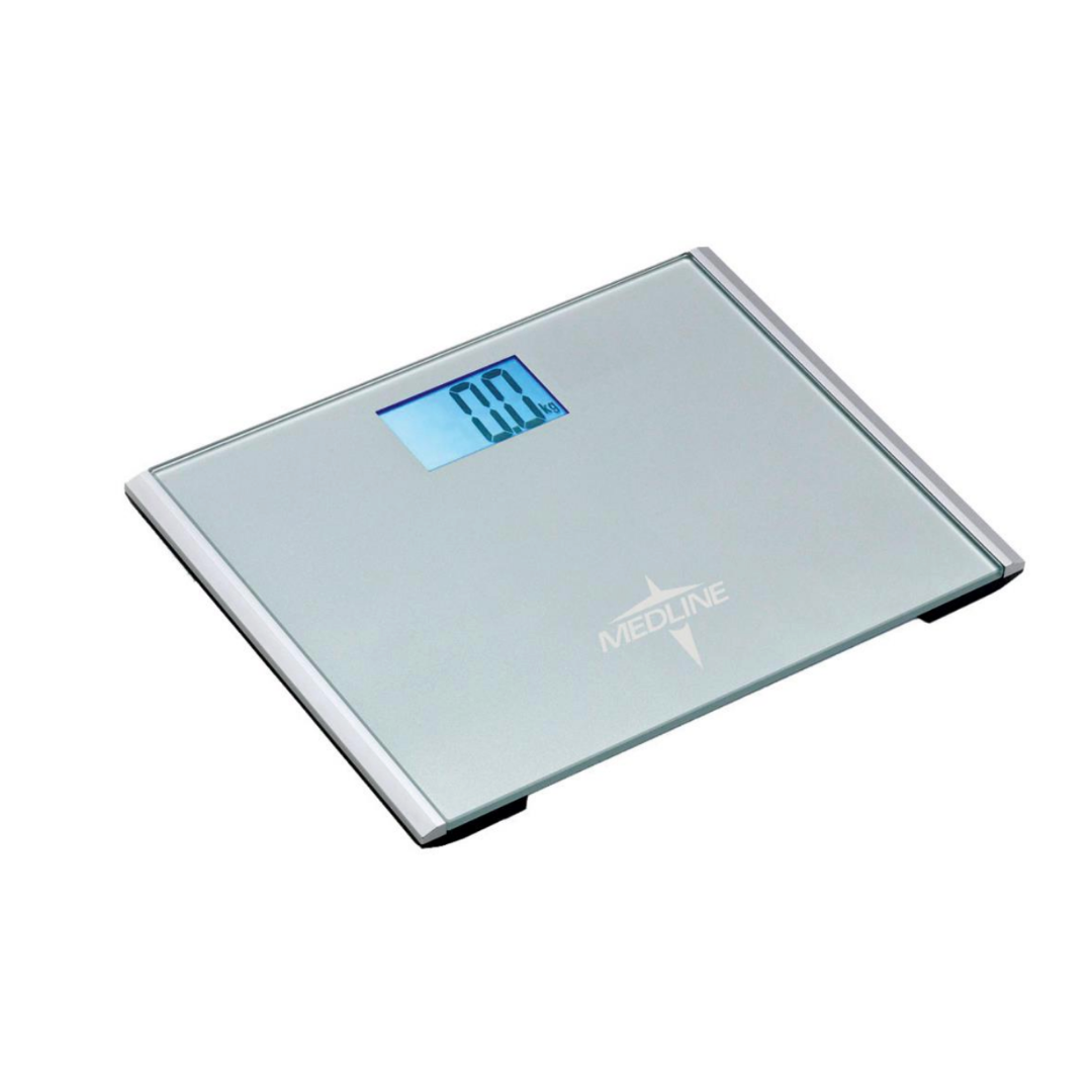 The Medline Extra-Wide Digital Bathroom Scale features a blue backlit display showing 0.0 kg, a glass-top silver platform with the Medline logo, and supports up to 440 lbs.